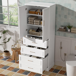 English Elm 72.2'' Tall Freestanding Bathroom Cabinet with 3 Drawers, Adjustable Shelf, Soft-Close Doors, Modern Elegant Design White N729P296769K