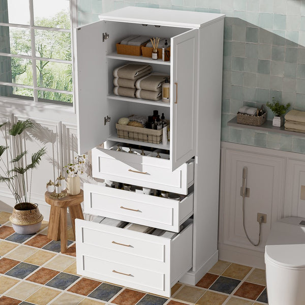 English Elm 72.2'' Tall Freestanding Bathroom Cabinet with 3 Drawers, Adjustable Shelf, Soft-Close Doors, Modern Elegant Design White N729P296769K