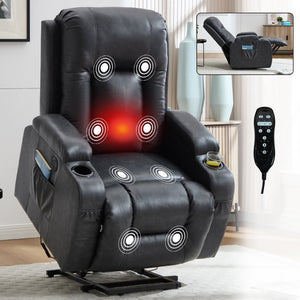 English Elm Beige Pu Leather Power Lift Recliner with Massage Lumbar Heat and Usb Charging Gray W1803S00084