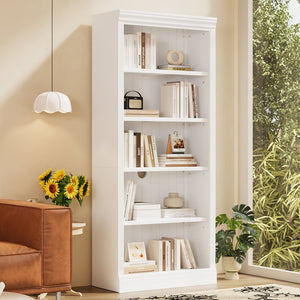 English Elm 83" 5-Tier Bookcase Suite with LED Light Strip, Adjustable Shelves, Cable Management & Solid Wood Frame White N751S246920K