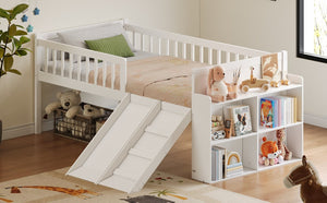 English Elm Twin Platform Kids Bed with Slide Ladder Guardrails Storage Shelf Wood Frame White N733S415411K