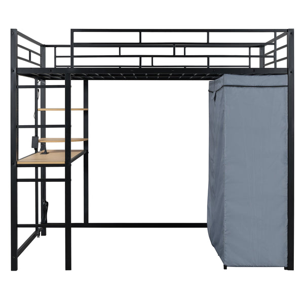 English Elm Full Loft Metal Bed with Built-In Desk, LED Strip, Power Outlet and Fabric Wardrobe for Space-Saving Living Black SF000179AAB