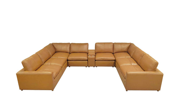 English Elm Leather Match Modular Sectional with Integrated Console and Generous Living Room Seating Ginger B2748S00168