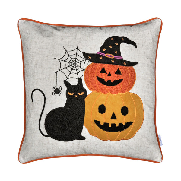 English Elm Halloween Black Cat & Pumpkin Stack Throw Pillow - Whimsical Home Decor For Spooky Seasonal Vibes B357P360663