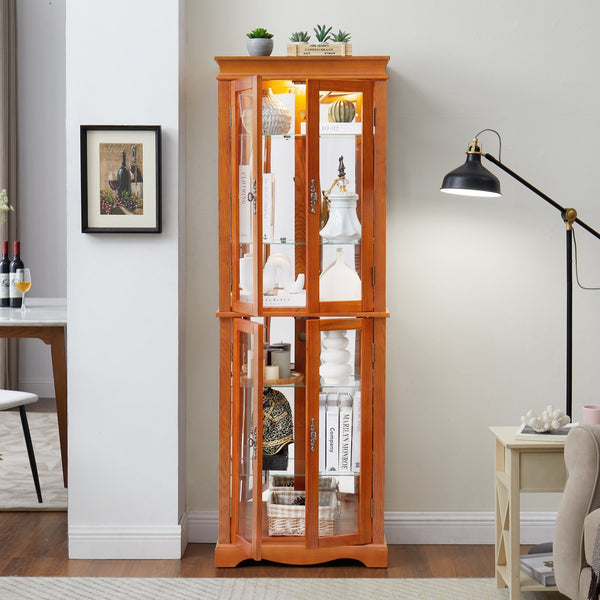 English Elm Lighted Glass Curio Cabinet With Adjustable Shelves, Elegant Oak Frame & Integrated Lighting For Showcasing Collectibles W2275P178797