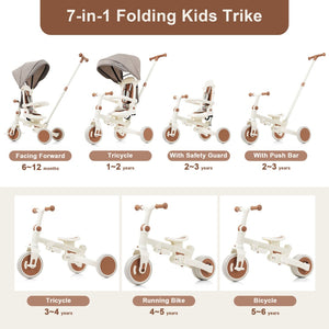 English Elm 7 in 1 Convertible Toddler Trike Aluminum Foldable Push Bike with Canopy for Ages 1 to 6 Ivory N726P248345O