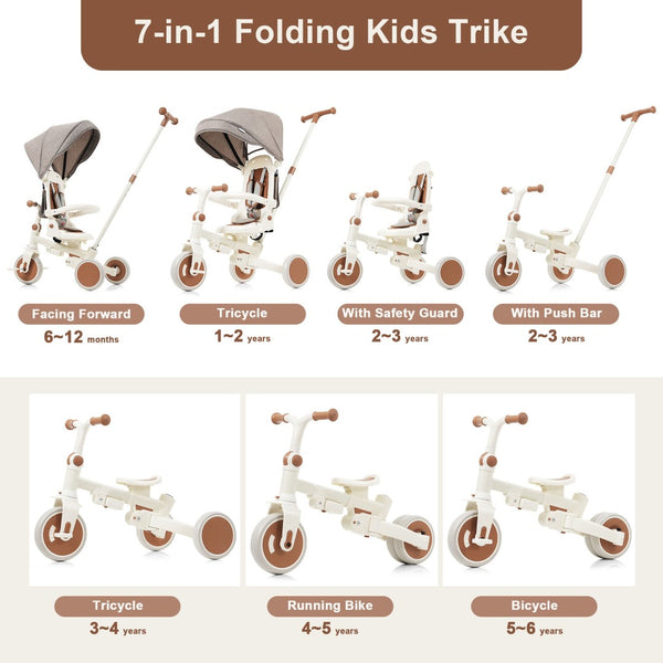 English Elm 7 in 1 Convertible Toddler Trike Aluminum Foldable Push Bike with Canopy for Ages 1 to 6 Ivory N726P248345O
