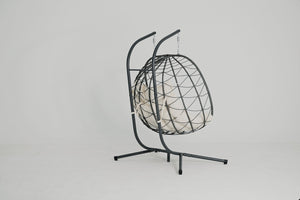 English Elm 2 Person Wicker Hanging Egg Chair with Freestanding Stand Outdoor Patio Swing Seat Beige W1703P443731