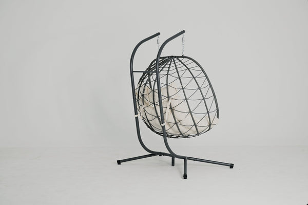 English Elm 2 Person Wicker Hanging Egg Chair with Freestanding Stand Outdoor Patio Swing Seat Beige W1703P443731