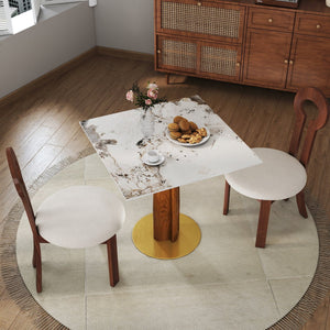 English Elm Modern Square Dining Table: Elegant Sintered Stone With Wooden Legs & Gold Base For Small Spaces W1535S00607
