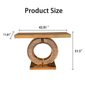 English Elm Mirrored Console Table with Diamond Inlay Double O Base Glam Entryway Accent Brown W3836P420881