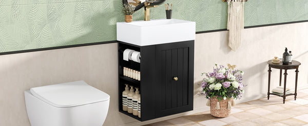 English Elm 20-Inch Compact Bathroom Vanity with Ceramic Sink, Wall-Mounted MDF Cabinet, Modern Space-Saver Design Black N725P314023B
