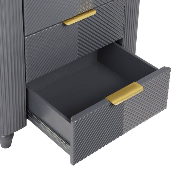 English Elm Mid-century Fluted 3 Drawer Nightstand with Gourd Legs and Gold Tone Handles for Bedroom Dark Gray N761P285712D