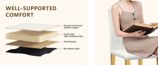 English Elm 4-pack PU dining chairs with ergonomic buckle backrest, high-density sponge seat, gold metal legs elegant luxury White+Gold W1151P295709