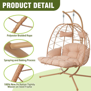 English Elm 2 Person Wicker Hanging Egg Chair with Stand Padded Swing for Patio Garden T5880P500215