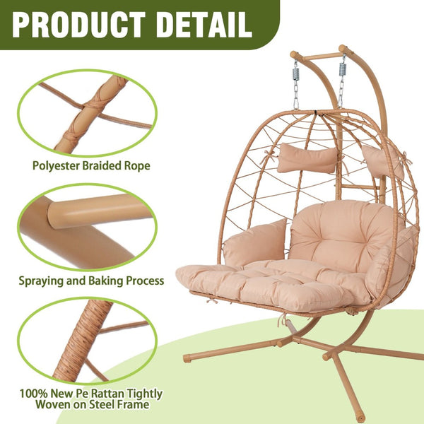 English Elm 2 Person Wicker Hanging Egg Chair with Stand Padded Swing for Patio Garden T5880P500215