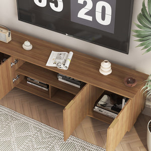 English Elm Wood Modern Fluted TV Stand 68" – Elegant White Grooved Media Console with 4 Storage Doors, Gold Legs and Waterproof Finish W1321P339153