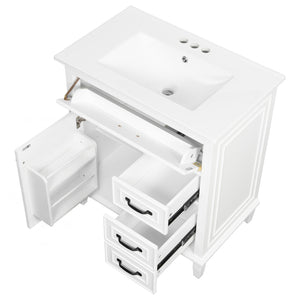 English Elm 30 Inch Freestanding Bathroom Vanity Solid Pine Cabinet Ceramic Sink Top Storage White N725P412782K