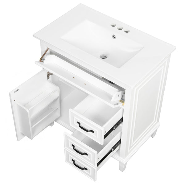English Elm 30 Inch Freestanding Bathroom Vanity Solid Pine Cabinet Ceramic Sink Top Storage White N725P412782K