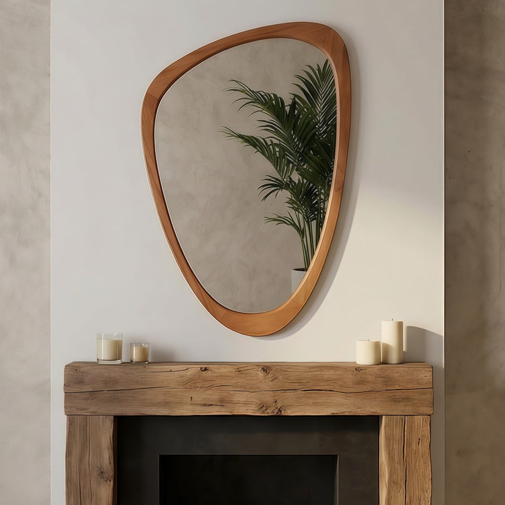 English Elm Black Walnut Solid Wood Irregular Frame Wall Mirror Sculptural Accent for Any Room Yellowish-Brown W2203P436506