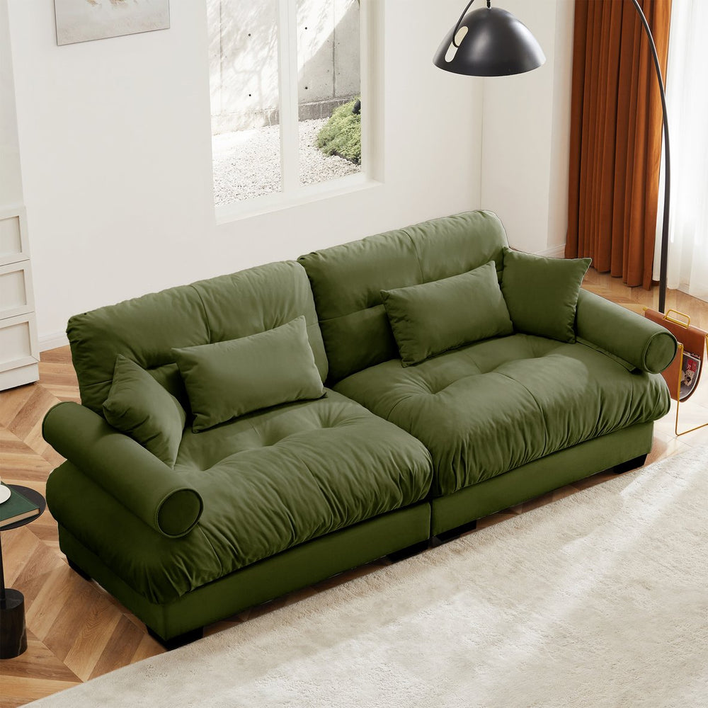 English Elm Large Velvet Two-Seater Sofa with Bolstered Armrests, Deep Cloud Seat, Waist & Throw Pillows, Chic Olive Green W714S01104