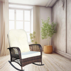 English Elm Outdoor Wicker Rocking Chair with Wide Seat, Thick Removable Cushion, Steel Frame, Weather-Resistant Rocker for Patio Garden Relaxation Brown+Beige W209P265086
