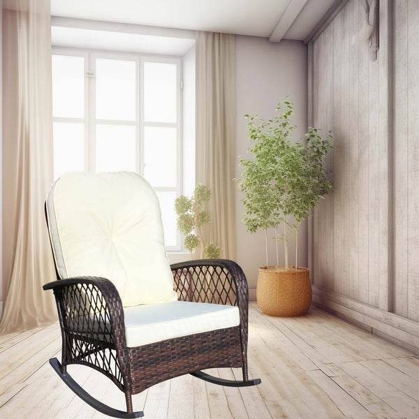 English Elm Outdoor Wicker Rocking Chair with Wide Seat, Thick Removable Cushion, Steel Frame, Weather-Resistant Rocker for Patio Garden Relaxation Brown+Beige W209P265086