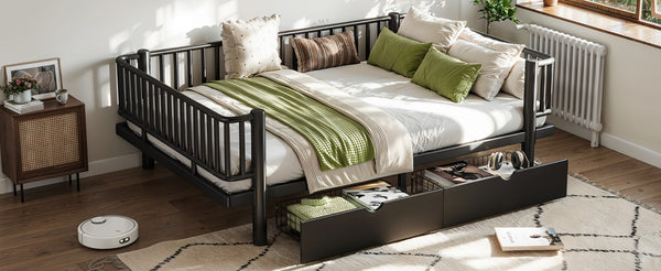 English Elm Full Size Metal Platform Storage Bed Low Profile Steel Frame with Built-in Drawers Black W5305P471350