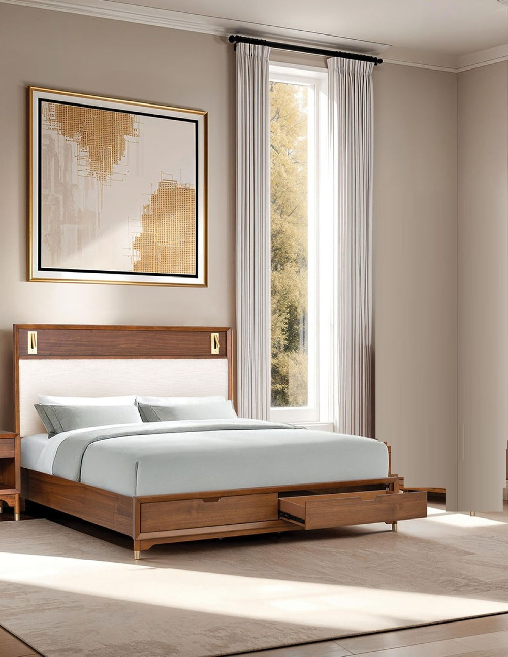 English Elm Black Queen Platform Bed with Led Headboard Gold Trim and Angled Metal Legs B2741S00791