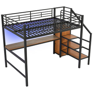 English Elm Full Size Metal Loft Bed With Desk, Storage Steps, Wardrobe, Led Light - Perfect For Small Spaces! GX000620AAB-1