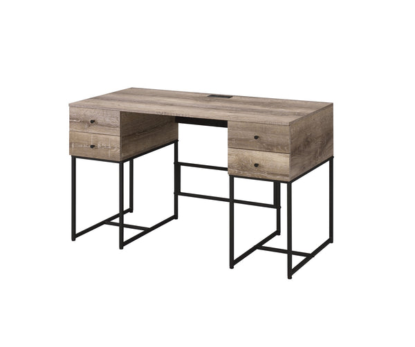 English Elm Desirre Rustic Oak Writing Desk with USB Port, 4 Drawers & Black Metal Sled Base — Industrial Charm B2726P251778