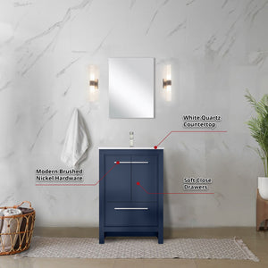 English Elm Navy Blue Bath Vanity Set With White Quartz Top, Brushed Nickel Faucet & Matching Mirror, 24 In. B2731S02024