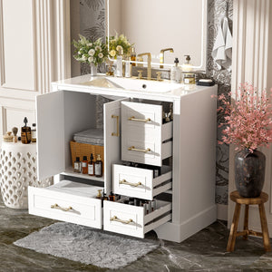 English Elm 36" Traditional Bathroom Vanity with Ceramic Sink, Solid Wood Cabinet, Soft-Close Doors & Drawers White N729P251630K