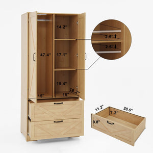 English Elm 2 Door Wardrobe Closet with Full Length Mirror Motion Light Hanging Rod and Drawers Natural W409P266780