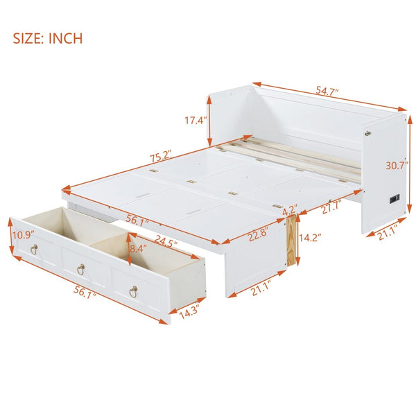 English Elm Full Size Murphy Bed Cabinet with Usb Charging Drawer and Pine Wood Frame White LP000427AAK