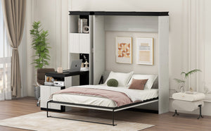 English Elm Full Full Size Murphy Bed with Desk, Shelves & Cabinets in Black+White — Space-Saving, Sturdy Design GX002042AAE