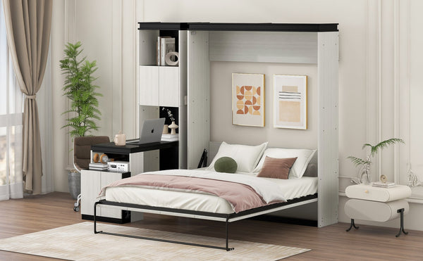 English Elm Full Full Size Murphy Bed with Desk, Shelves & Cabinets in Black+White — Space-Saving, Sturdy Design GX002042AAE