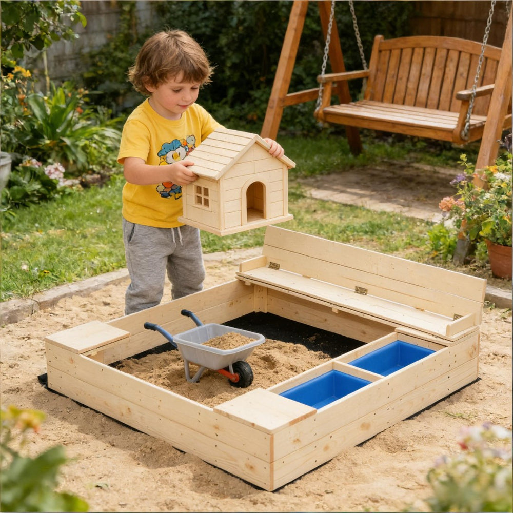 English Elm Children Fir Wood Outdoor Sandbox with Bench Buckets Storage and Waterproof Cover T3971P438713