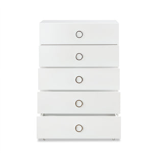 English Elm Elms White Finish Chest with 5 Smooth-Glide Drawers, Silver Ring Pulls & Modern Tapered Legs B2726P255308