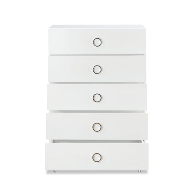 English Elm Elms White Finish Chest with 5 Smooth-Glide Drawers, Silver Ring Pulls & Modern Tapered Legs B2726P255308