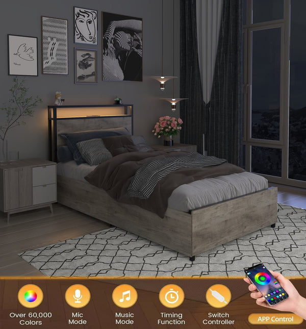 English Elm Twin Bed Frame with Storage Headboard, USB Charging, RGB LED Lights, 4 Drawers, Sturdy Gray Wash W2129P272269