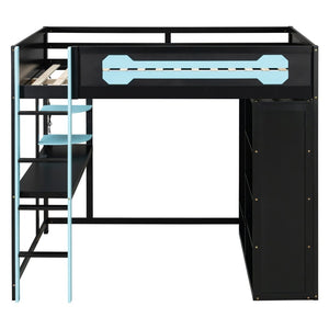 English Elm Full Size Gaming Loft Bed with Rgb Lighting Integrated Desk and Open Wardrobe Blue N820S00073C
