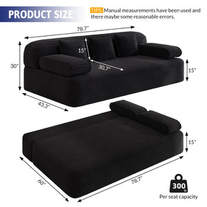 English Elm 78.7" Frameless Convertible Corduroy Sofa Sleeper Queen Bed for Compact Living Spaces Black W3219P427162
