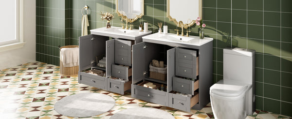 English Elm 72 Shaker Bathroom Vanity 72" Double-Sink Freestanding with Ceramic Basin, Soft-Close Drawers & Doors Grey N729P000010E