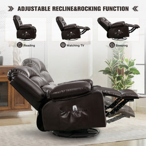 English Elm Massage Swivel Rocker Recliner with Heat Vibration, 360° Rotate, 155° Recline, USB Port, Brown W1521130741
