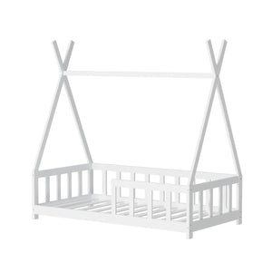 English Elm Floor Bed Cream White Montessori House Frame for Kids with Guardrail Tent Play Space, Solid Wood W2992S00006