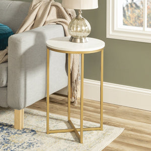 English Elm Walker Edison - Modern Glam X-Leg Round Side Table with Faux White Marble Top and Gold Metal Frame, Chic Accent B185P326693
