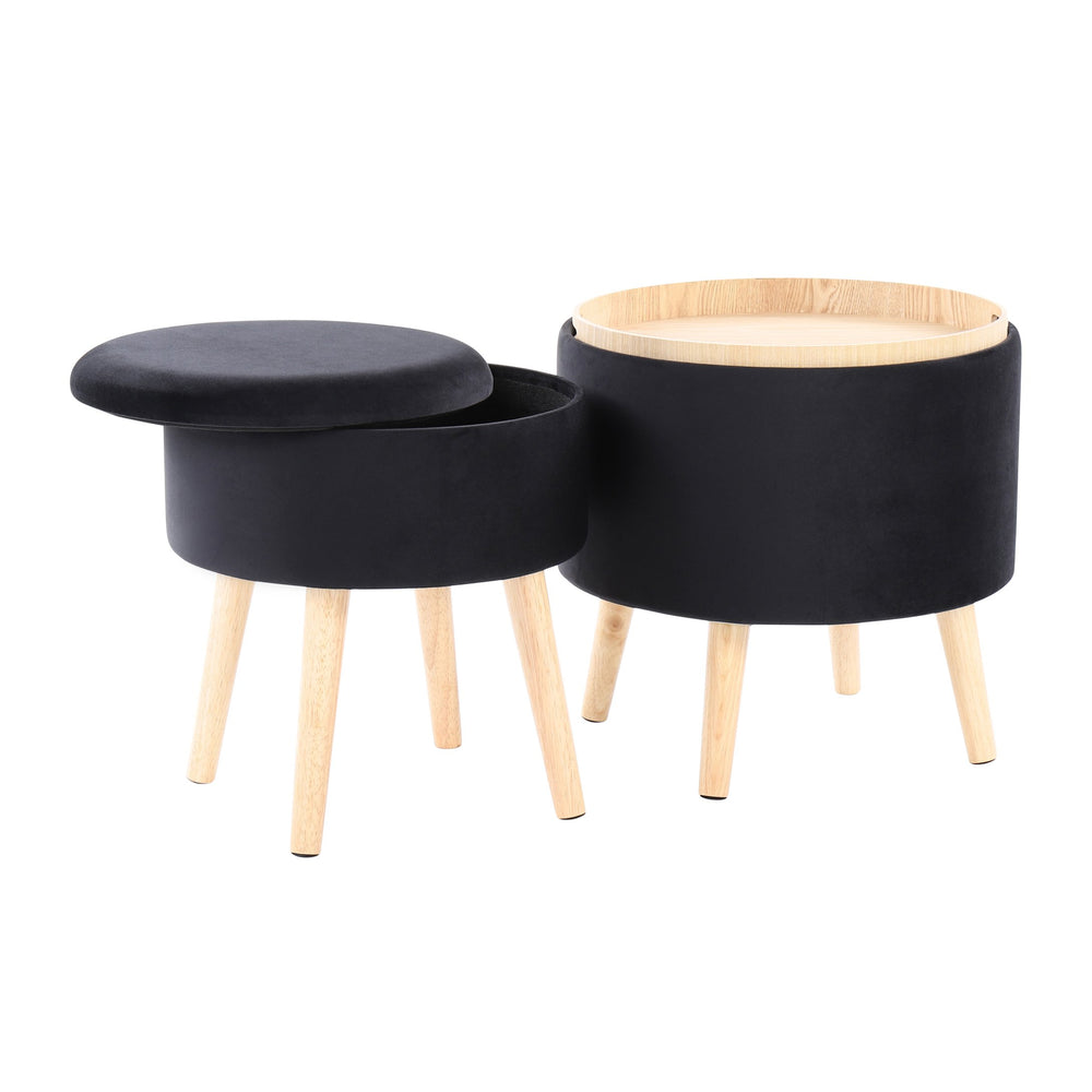 English Elm Tray Velvet Storage Ottoman Set with Matching Stool, Black Velvet, Natural Wood Tray, Lift-Off Lids, Space-Saving Contemporary Design B202P223755