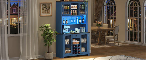 English Elm 70.9" Farmhouse Hutch Pantry with Led Lighting Wine Rack Mesh Doors and Built-in Power Navy Blue CH361426AAL