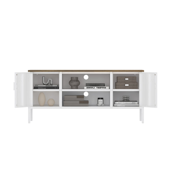 English Elm Landen 47" Metal Storage Cabinet with Wood Top and Cable Management — Sleek Industrial TV Console, Adjustable Legs White B365P397849